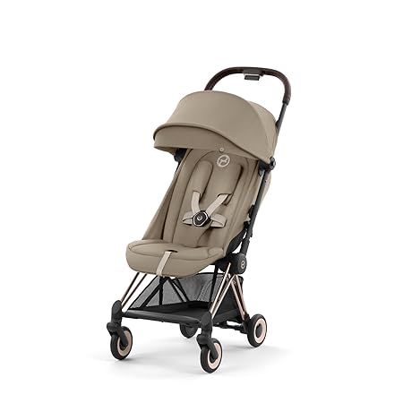 Cybex Coya Compact Stroller, Lightweight One-hand Fold, Travel-Friendly Pram for Newborns, Infants, and Toddlers, Age 0-4 years, Flat Recline Position, One Pull Harness, Hand Luggage Compatible, Stroller (Cozy Beige and Rosegold Frame)