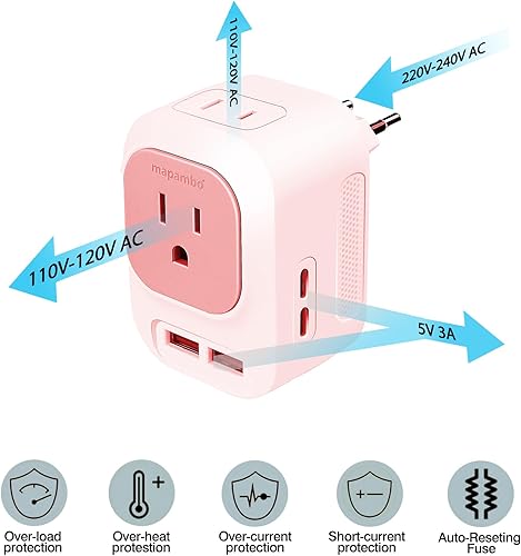 Miniatura 2 de Mapambo Adaptador de enchufe de viaje universal europeo 220V a 110V Convertidor de voltaje con 2 puertos USB 2 USB C Adaptador de corriente