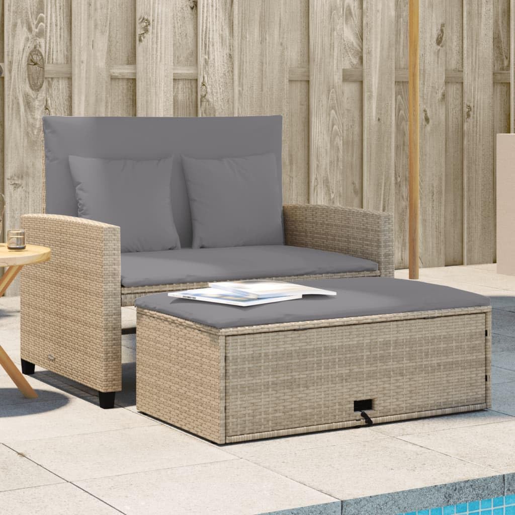 Sofá de jardín de 2 plazas beige de ratán sintético con cojín, sofá cama plegable y taburete con espacio de almacenamiento, muebles de jardín de ratán de polietileno para terraza y balcón