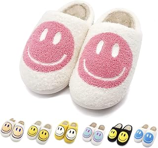 Cute Smile Face Slippers, Fuupnn Retro Soft Plush Furry Fluffy Indoor Outdoor Shoes Comfy Warm Fleece Lined Fuzzy Slip-on Cloud sliders with Memory Foam Happy Face Slippers Couples Cute Cartoon Non Slip Smile Slippers for Winter