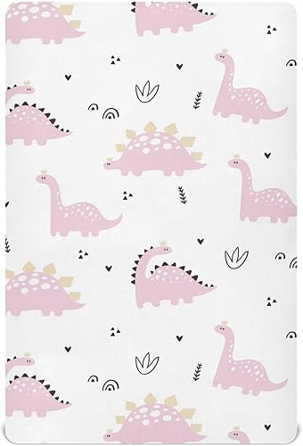 Sábanas bajeras ajustables para cuna, diseño de dinosaurios rosa bebé, sábanas portátiles elásticas y portátiles para bebé pequeño, colchón de