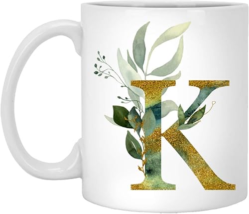 AlphaK - Taza de café con letra K y letras del alfabeto monograma K con letras doradas brillantes en cualquier letra del alfabeto para té café