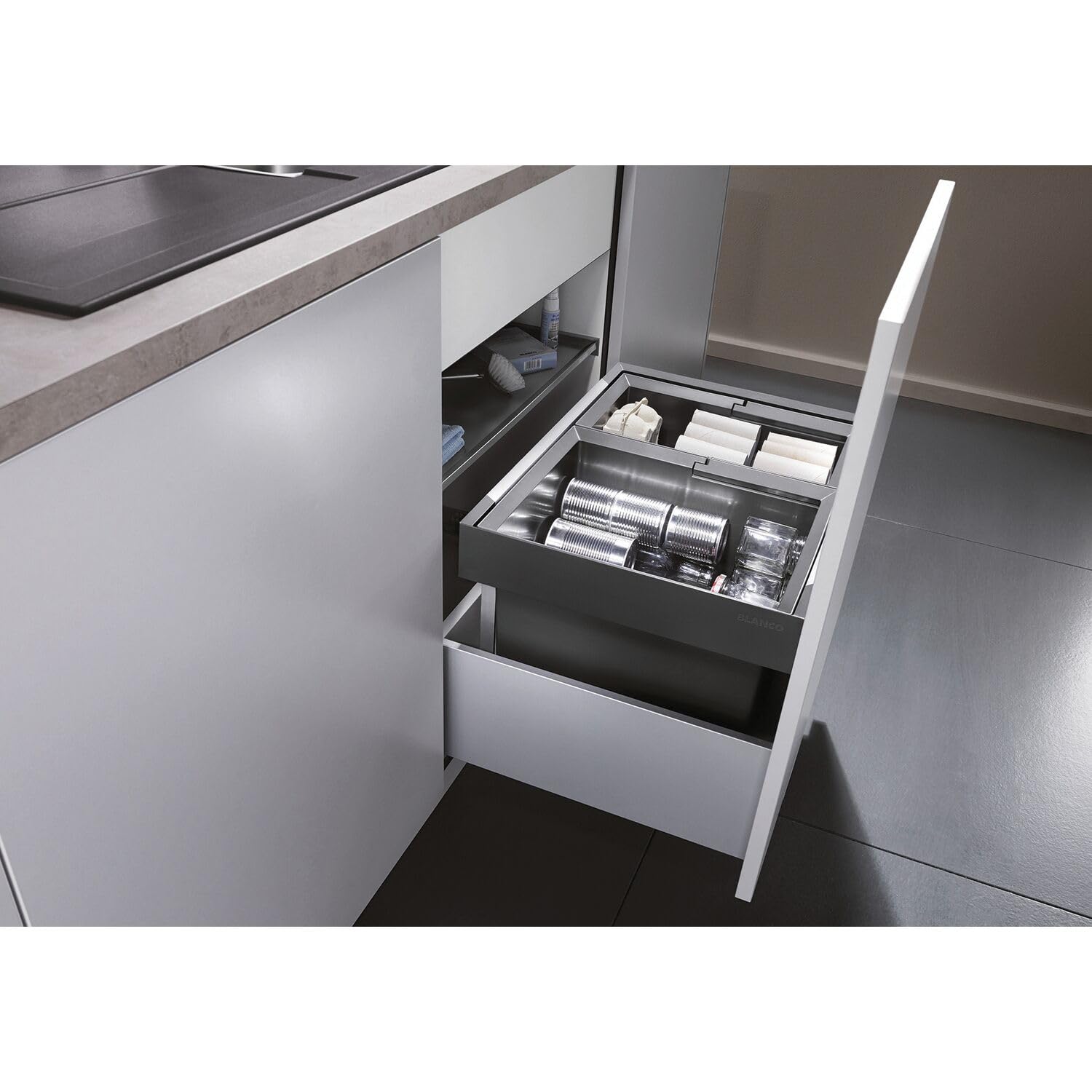 BLANCO FLEXON II 60/2 | Abfall Müllsystem | für 60 cm breite Unterschränke | zum Einbau in Schubladen | 1 x 30 Liter und 1 x 19 Liter Eimer | Minimale Einbauhöhe: 355mm | [56,2x40x37,1 cm]
