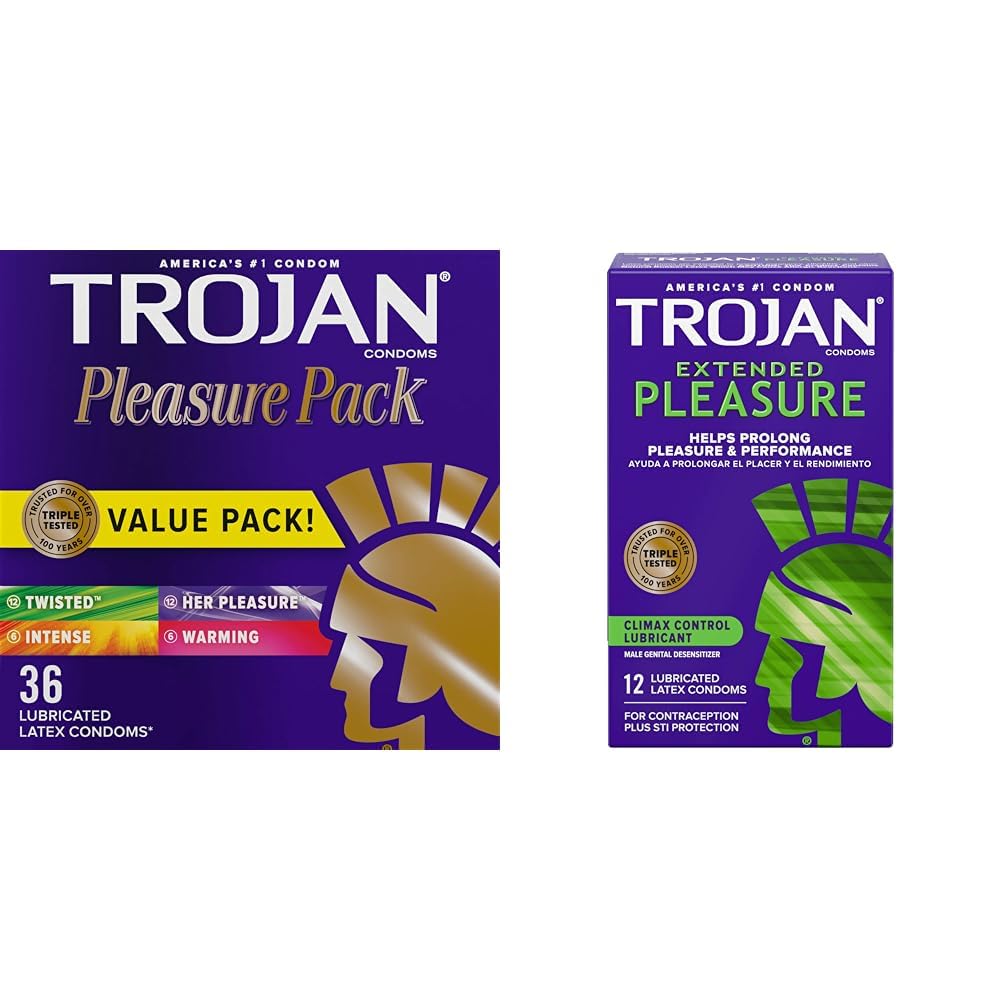 TROJAN Pleasure Pack Assorted Condoms, Lubricated Condoms Value Pack, 36 Count & Extended Pleasure Climax Control Extended Pleasure Condoms, 12 Count