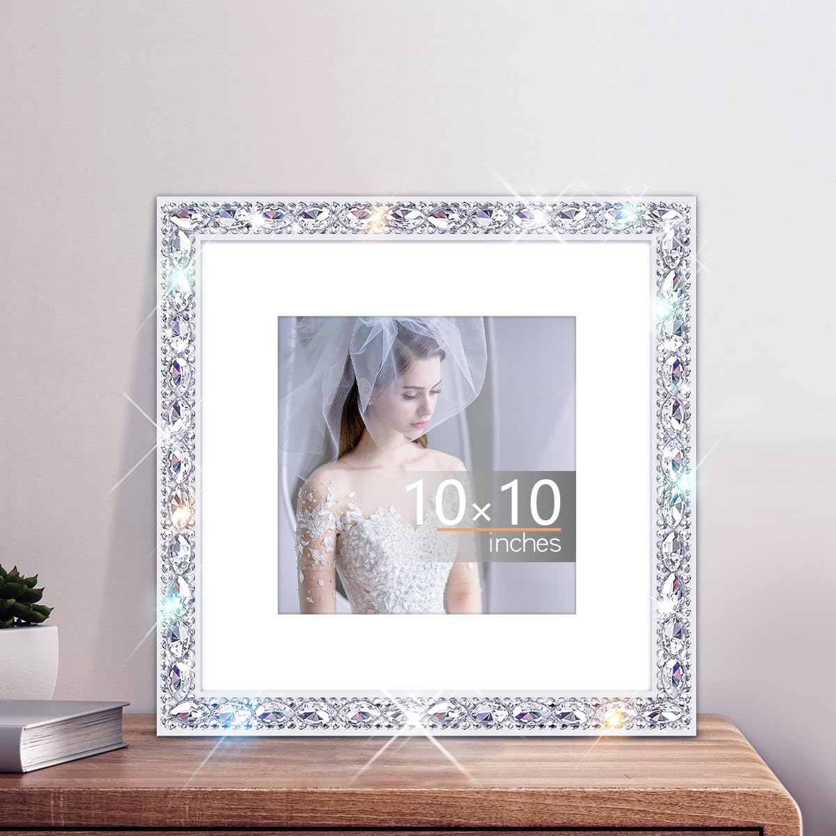 Square 10x10 Solid Wood Bling Picture Frame for Hanging Wall Decor,Display Picture 8x8 with Mat or 10x10 Without Mat,Glitter Sparkle Glass Diamond Rhinestone Lace Poster Photo Frame (White)