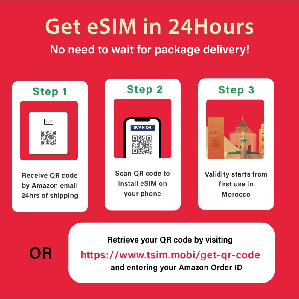 TSIM Maroc eSIM 30 Jours | 10 Go de données Haut débit | Activation Automatique | Partage de Connexion | QR Code eSIM envoyé par e-Mail sous 24 h | Données Uniquement.