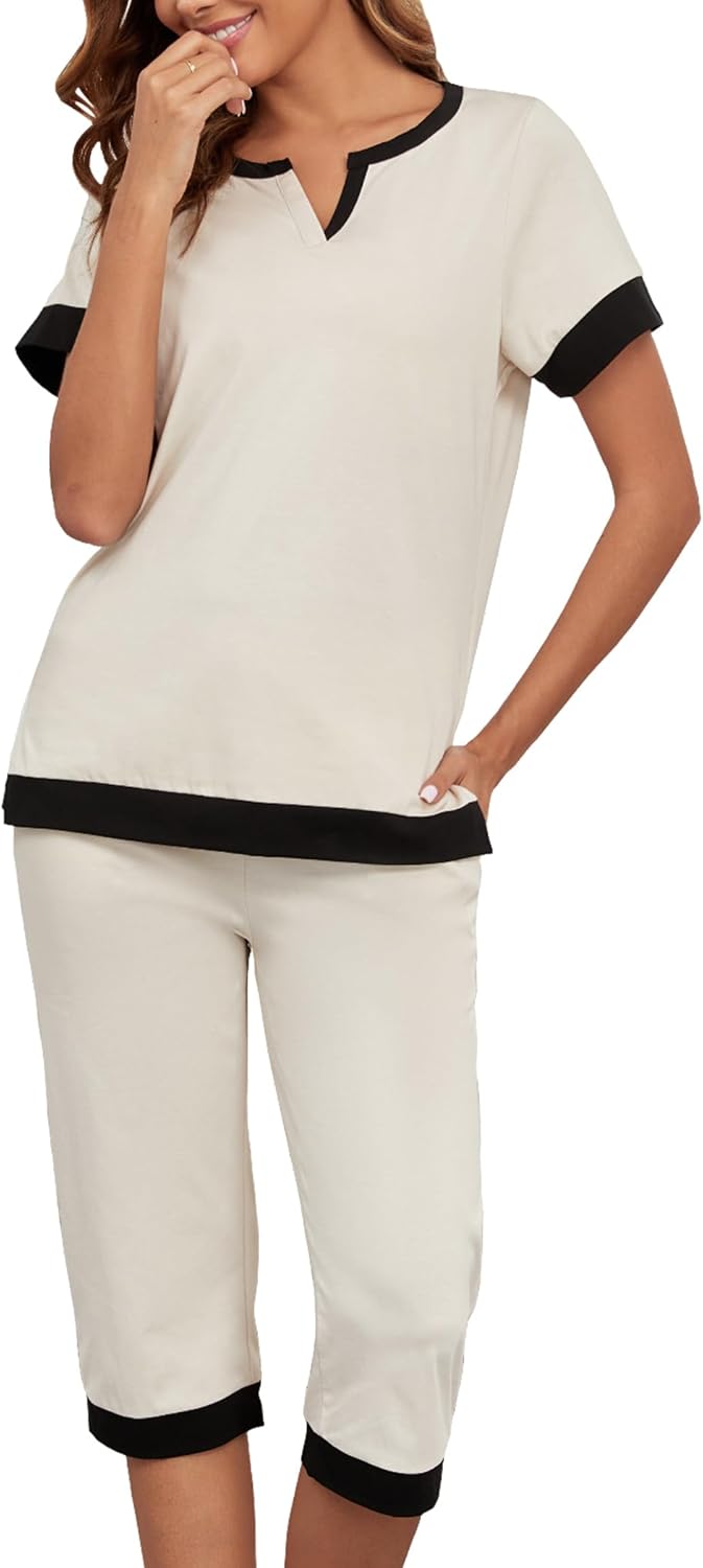 Womens Cotton Pajamas Sets Soft Top and Capris Summer Sleepwear Set Comfy Pjs