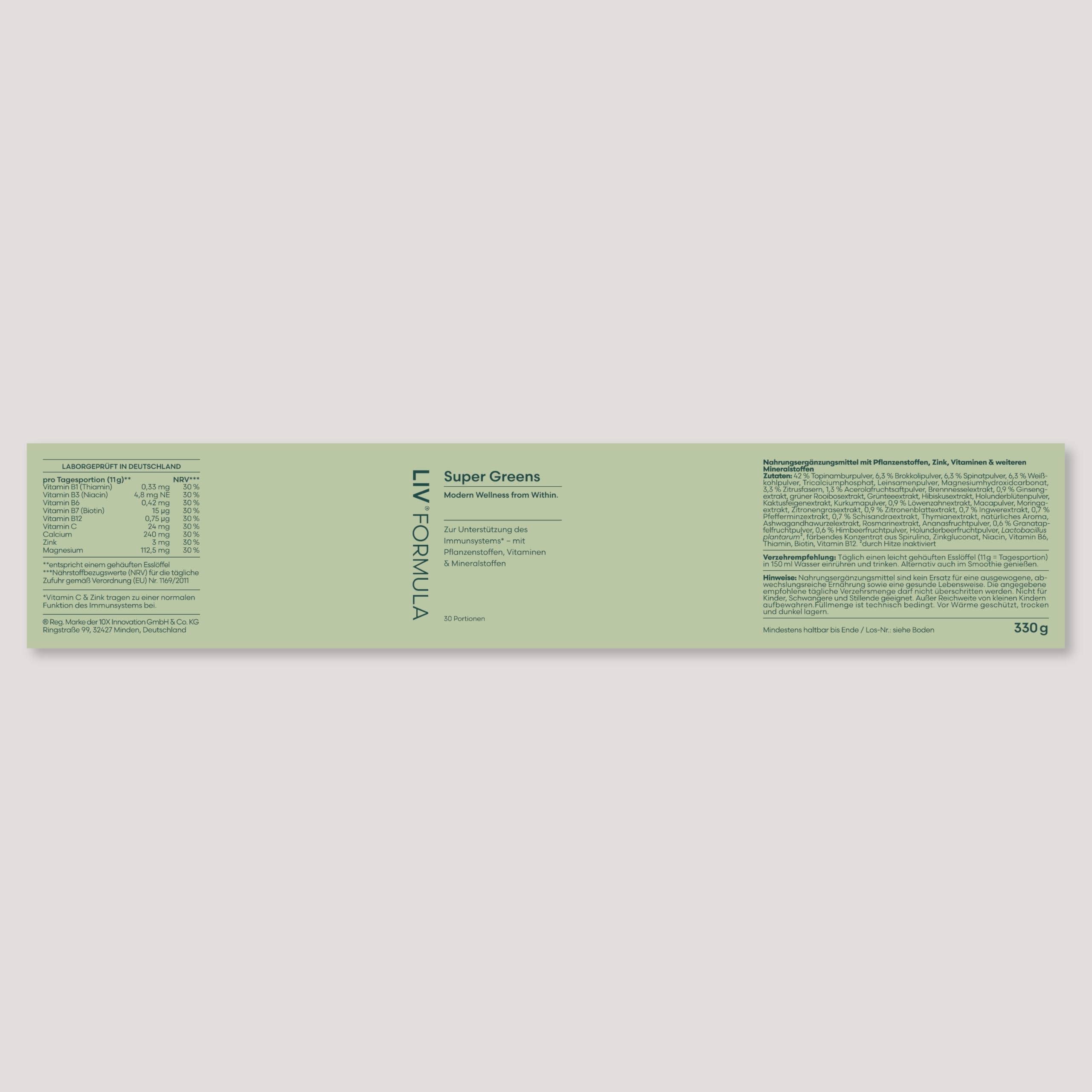 LIV Super Greens Pulver | 30 Pflanzenstoffe | Nährstoff-Basis für deinen Alltag | Ohne Zucker, Süßstoffe oder Apfelsaftpulver | Frisch-minziger Geschmack