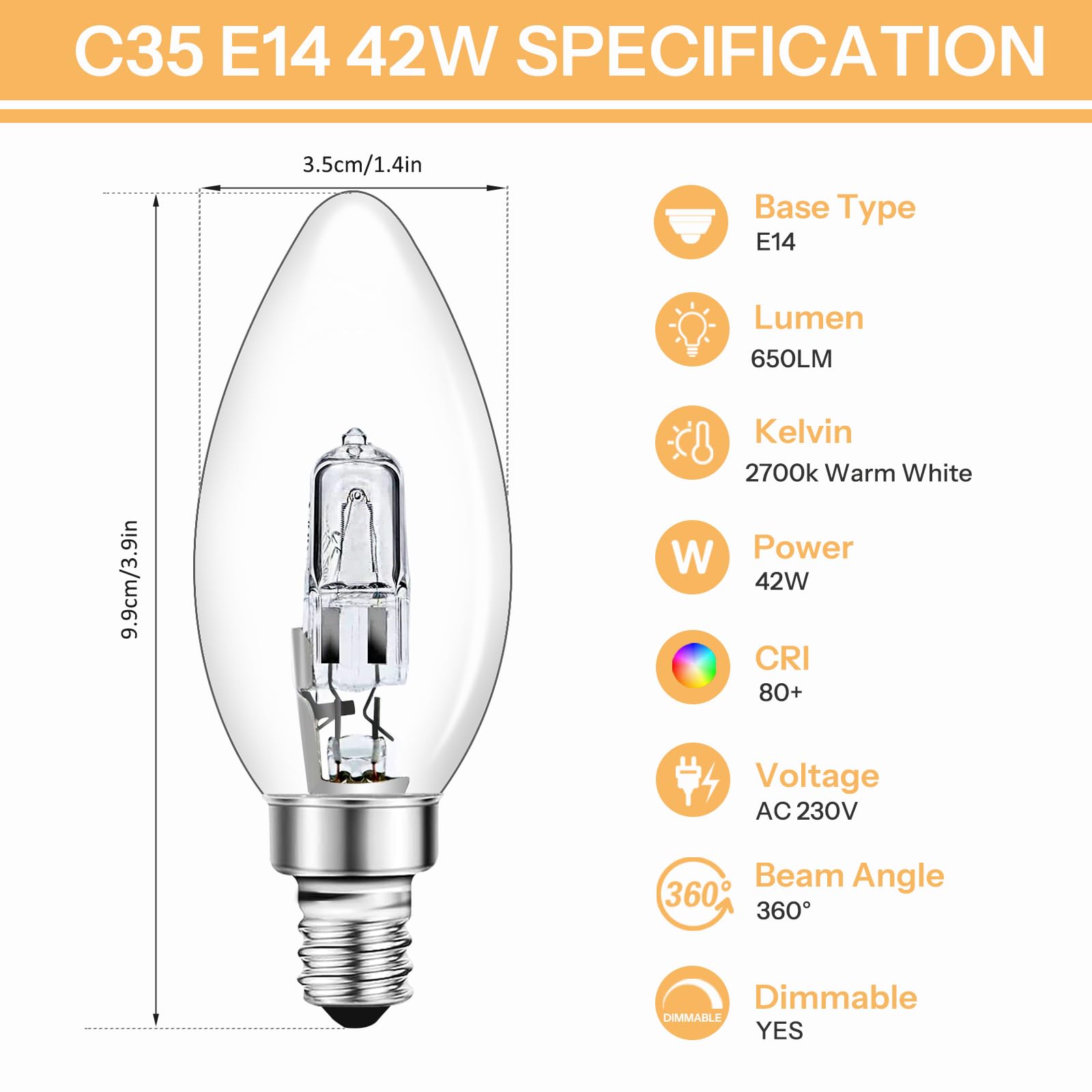 Lampadine A Candela E14 C35 - 42W Dimmerabili, 650LM Bianco Caldo 2700K, Confezione Da 6 - Foto 3