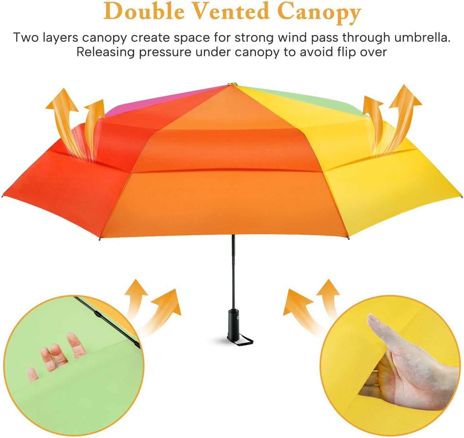 Rainbow Umbrella Windproof Travel Automatic - 46/54inch Large Double Layer | Auto Open Close, Wind Resistant & Sturdy Vented Canopy, Folding Compact Golf Umbrella for Rain Travel Size