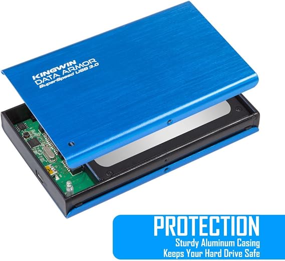 Kingwin Data Armor USB 3.0 to 2.5 Aluminium External Enclosure for 7mm & 9.5mm 2.5 inch SATA SSD / HDD، UASP Support، 5Gbps Transfer Rate [Support SATA I / II/III] و [مُحسَّن لـ SSD] - أزرق
