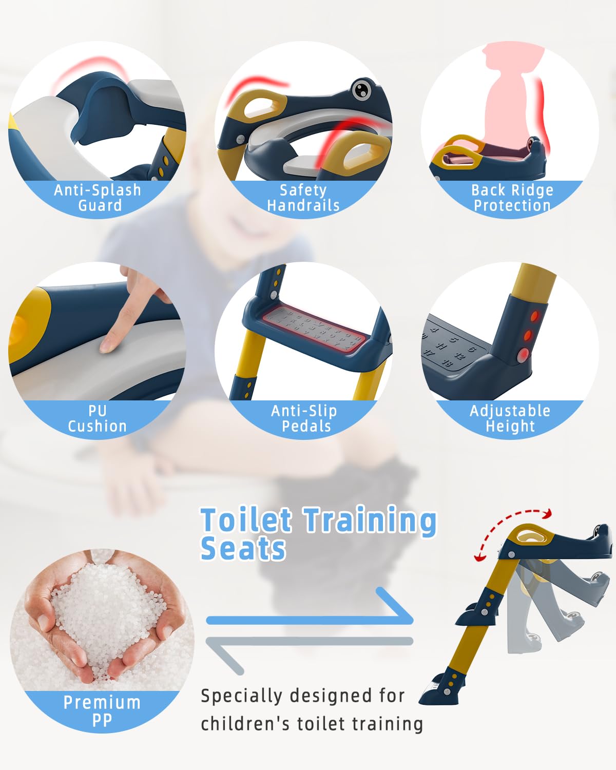 Toilettensitz Kinder mit Treppe, Toilettentrainer für Kinder, WC Sitz mit PU Gepolsterter, Höhenverstellbar und Faltbar, Rutschfest mit Spritzschutz Toilettenaufsatz Kinder(Blue)