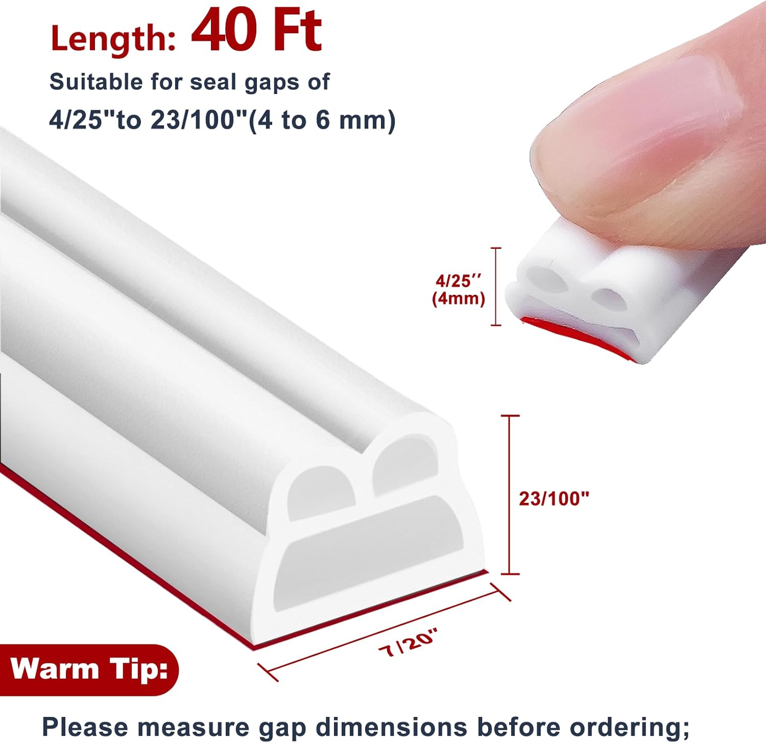 40FT Rubber Weather Stripping Door Seal, Self Adhesive Door Insulation Strip, Block Drafts, Multi-Layer Soundproof, Weatherstripping for Door Frame and Windows (White)