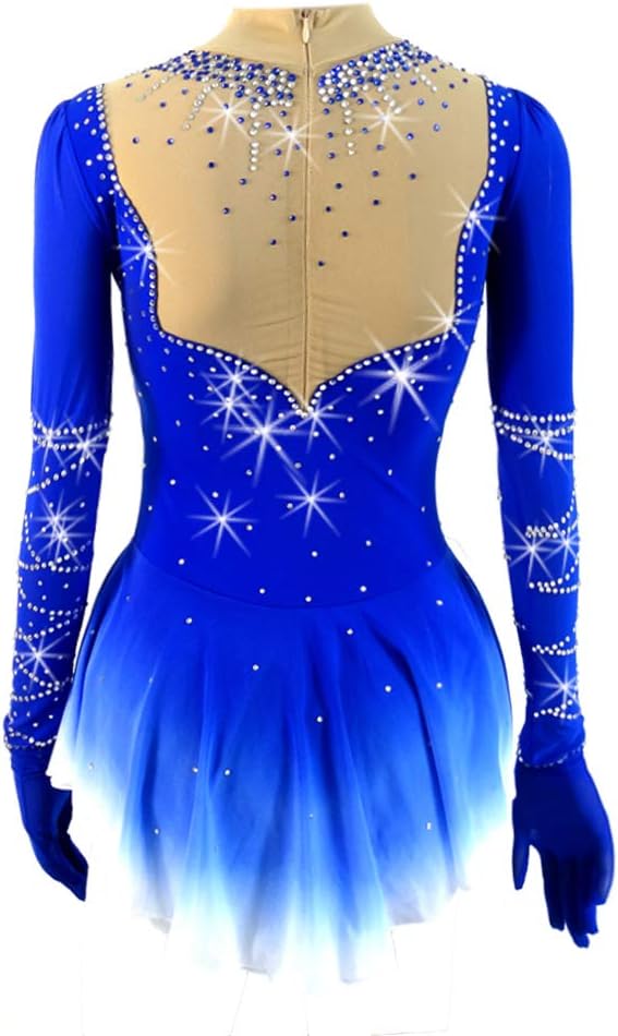 Ice Figure Skating Dress Girls Sleeved Beaded Blue Gradient Roller Skating Dress