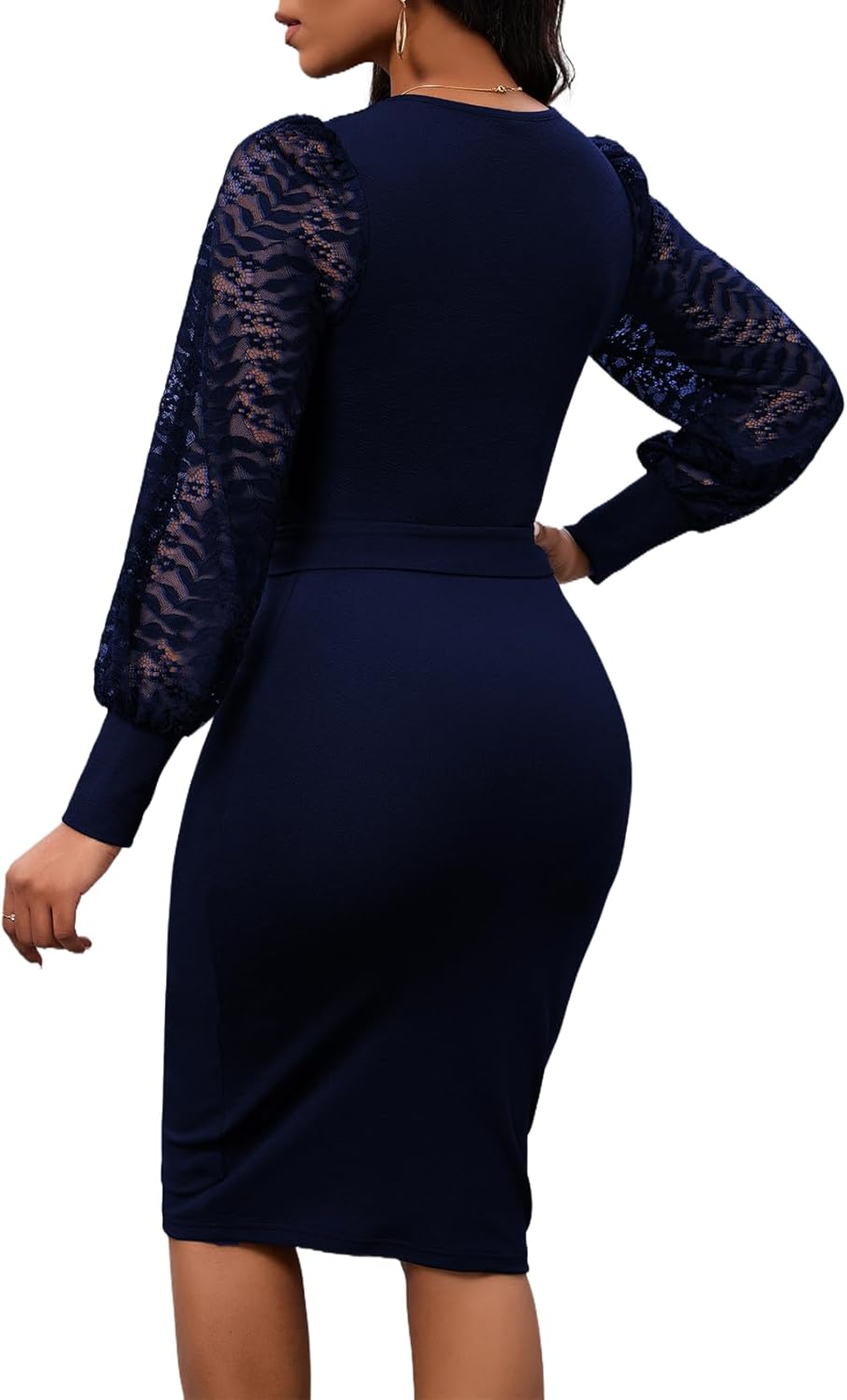 BestGirl Women's Bishop Sleeve Dresses V Neck Casual Party Work Sheath Midi Dress - Image 6