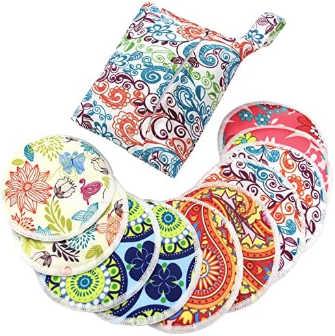 Pinowu Organic Bamboo Nursing Pads - 10 Reusable Pads + Wet Bag + Wash Bag, Breastfeeding Nipple Pads for Maternity Breast Feeding (Super Comfy, Large 12cm)