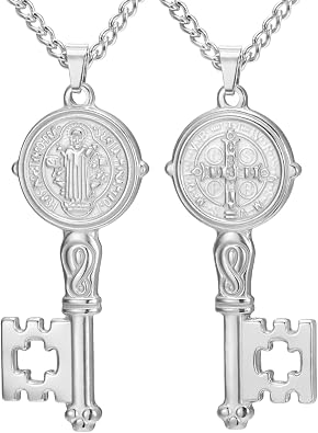 LIKGREAT Saint Benedict Key Necklace for Men Women Catholic Exorcism Medal Pendant Stainless Steel Necklace Religious Protection Amulet Jewellery