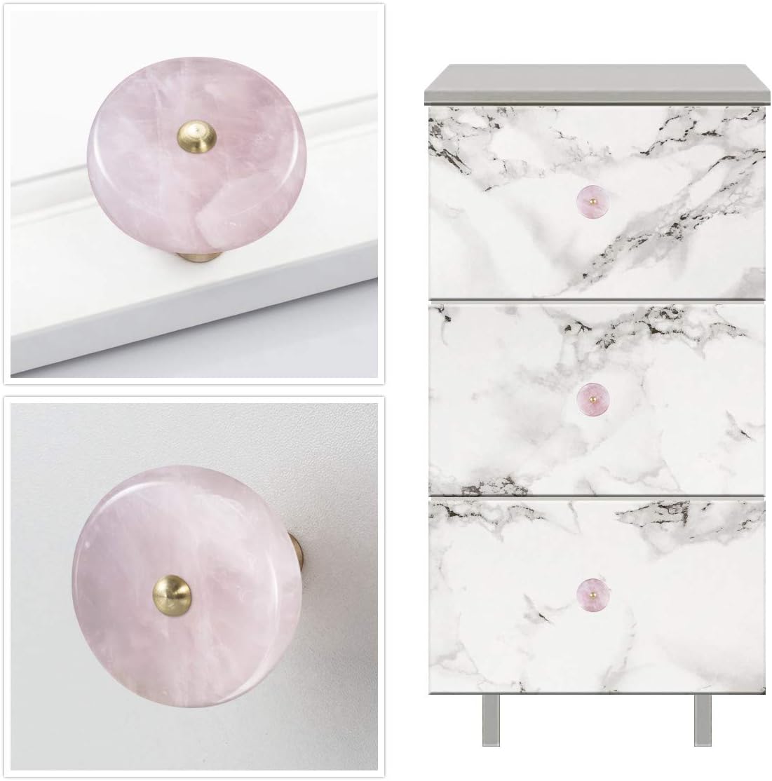 mookaitedecor Set of 4 Rose Quartz Crystal Drawer Knobs with Screws, Round Shape Healing Stone Decorative Cabinet Pulls Handles for Dresser Home Office