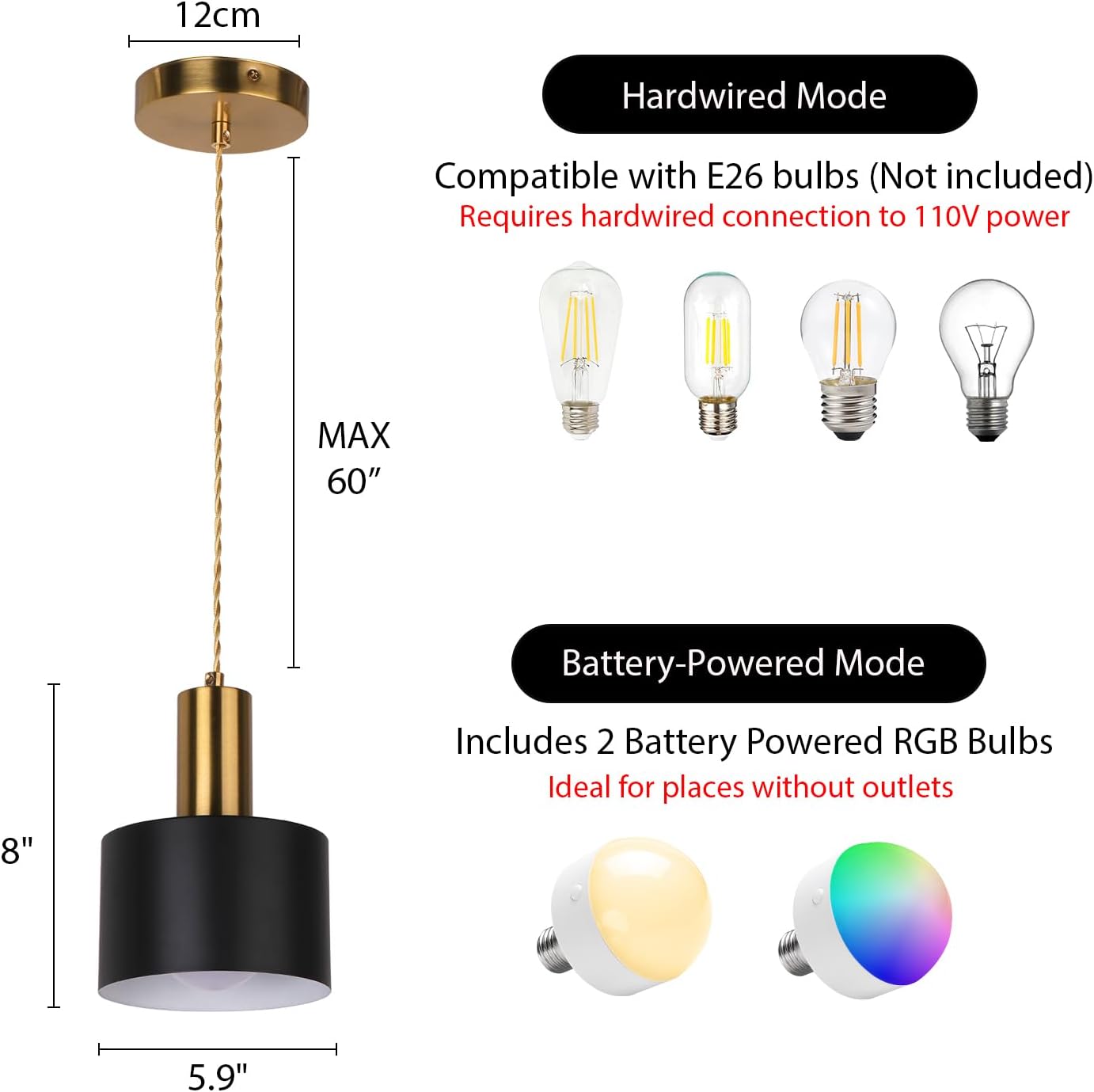 Battery Operated Pendant Light Set of 2, Black with Gold Battery Chandelier with 5200mah Rechargeable Remote Light Bulb, Hanging Island Light for Kitchen Bedroom Dinning Room