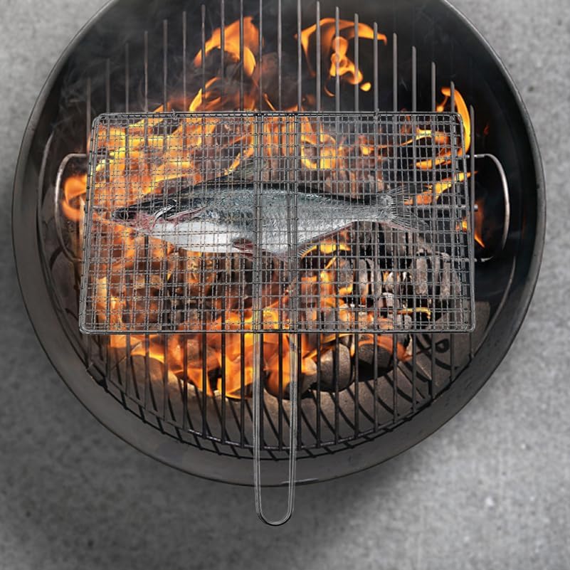 BESPORTBLE Stainless Steel Fish Grill Basket with Handle, Heavy Duty BBQ Rack Mesh Grids for Outdoor Cooking Meat, Fish and Shrimp