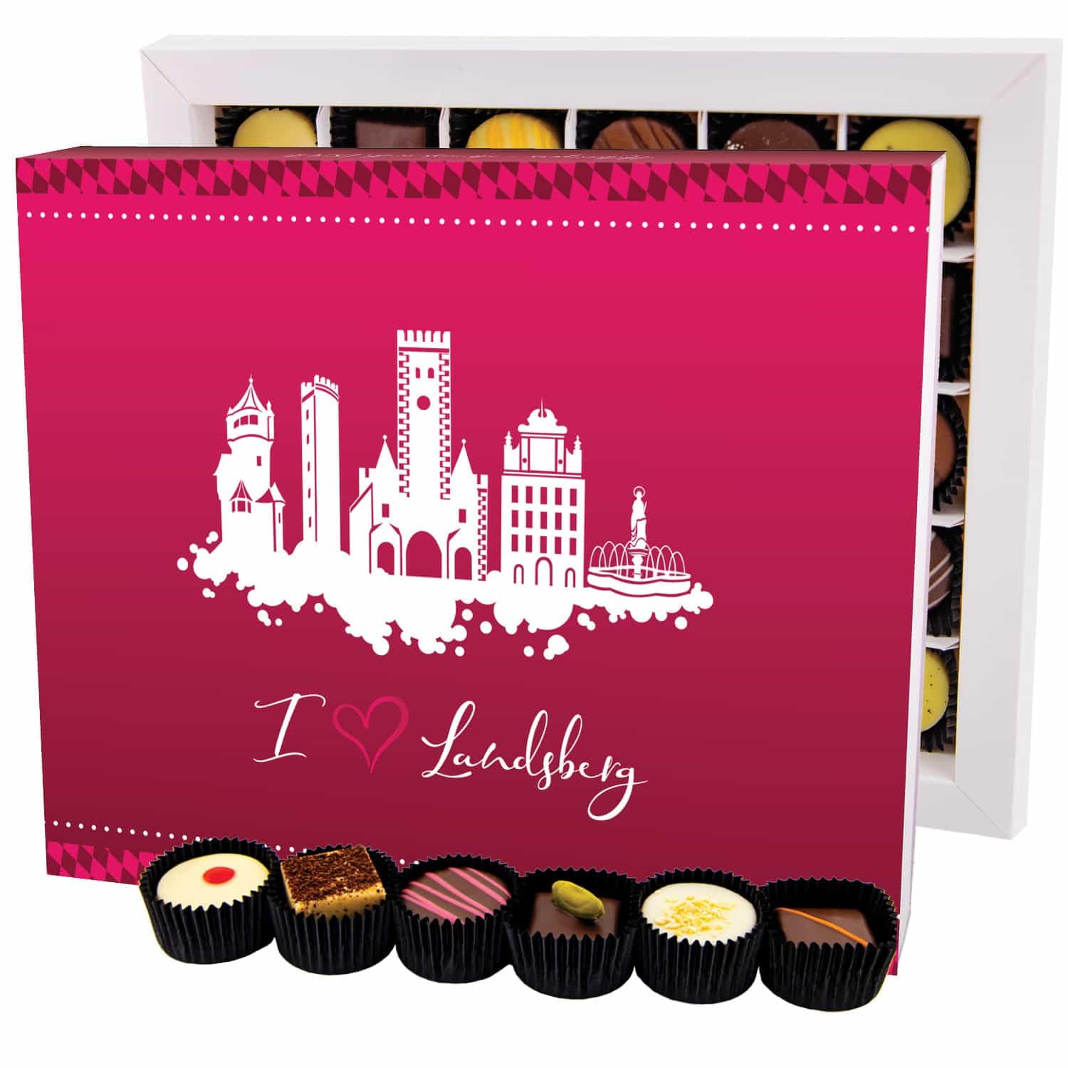 Hallingers Genuss Manufaktur Pralinen Geschenk - ohne Alkohol, handmade aus Confiserie-Edelkakao in wertiger XXL-Geschenkbox "I love Landsberg", Geschenkidee für Frauen Männer