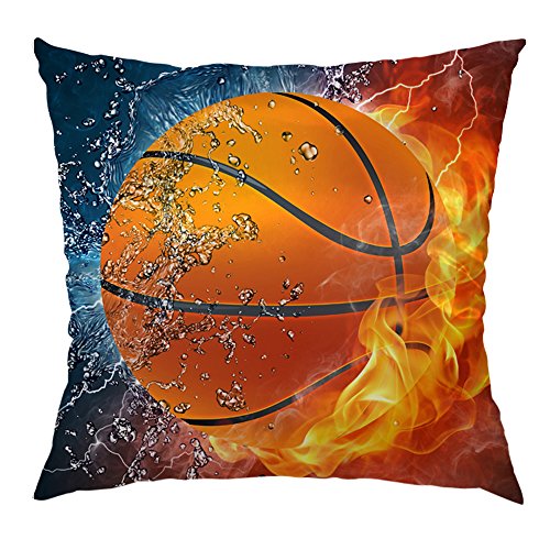 Moslion Basketball Pillow Decorative Throw Pillow Cover Flame Basketball Sweat Satin Square Cushion Cover Pillow Cases for Men Women Boys Girls Home Sofa Bedroom Livingroom 18 x18 ,Blue and Red