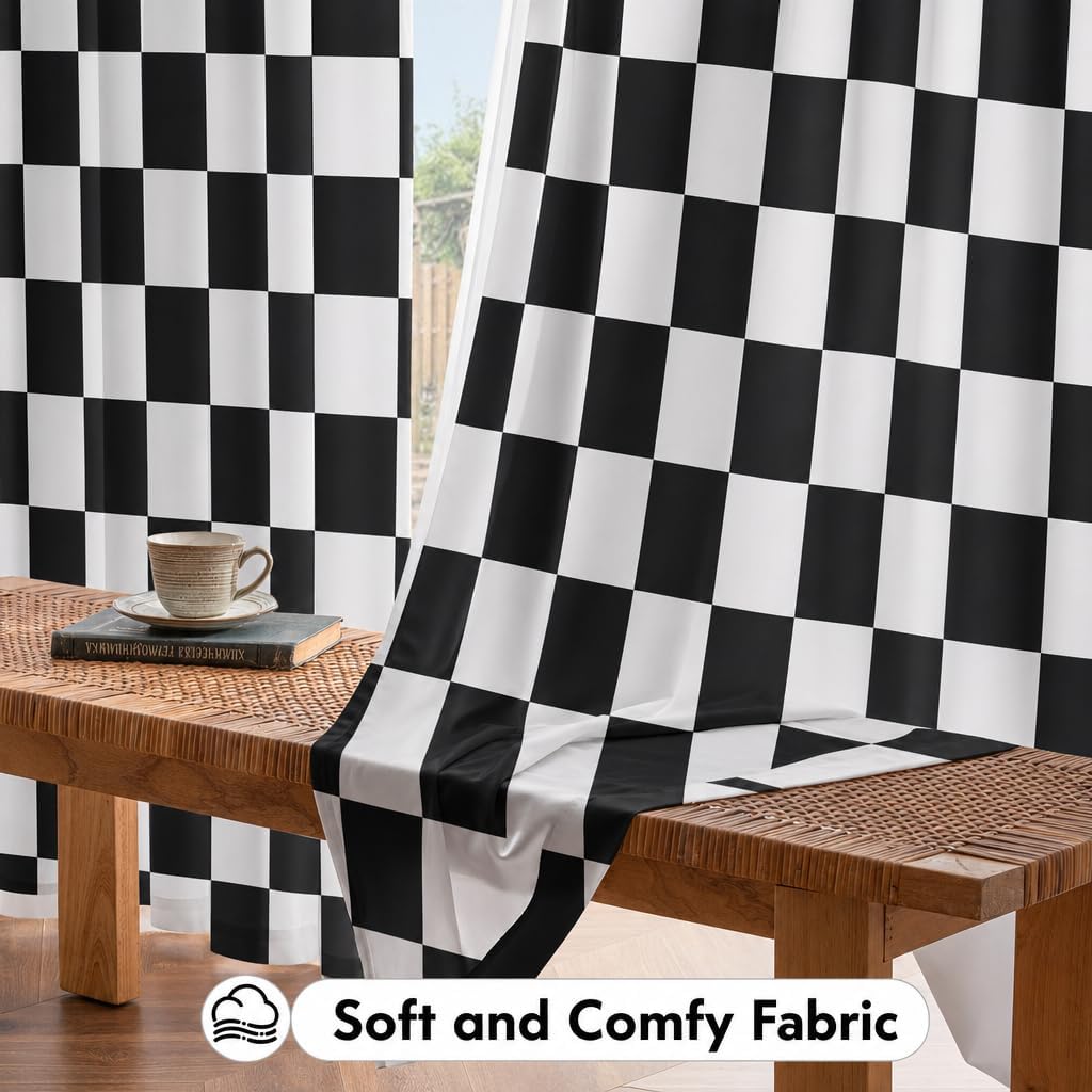 Black and White Curtains for Bedroom,Rod Pocket Checkered Semi Sheer Curtains Retro Plaid Light Filtering Curtains & Drapes for Living Room,Set of 2 Modern Window Curtain Panels,52 x 84 Inch