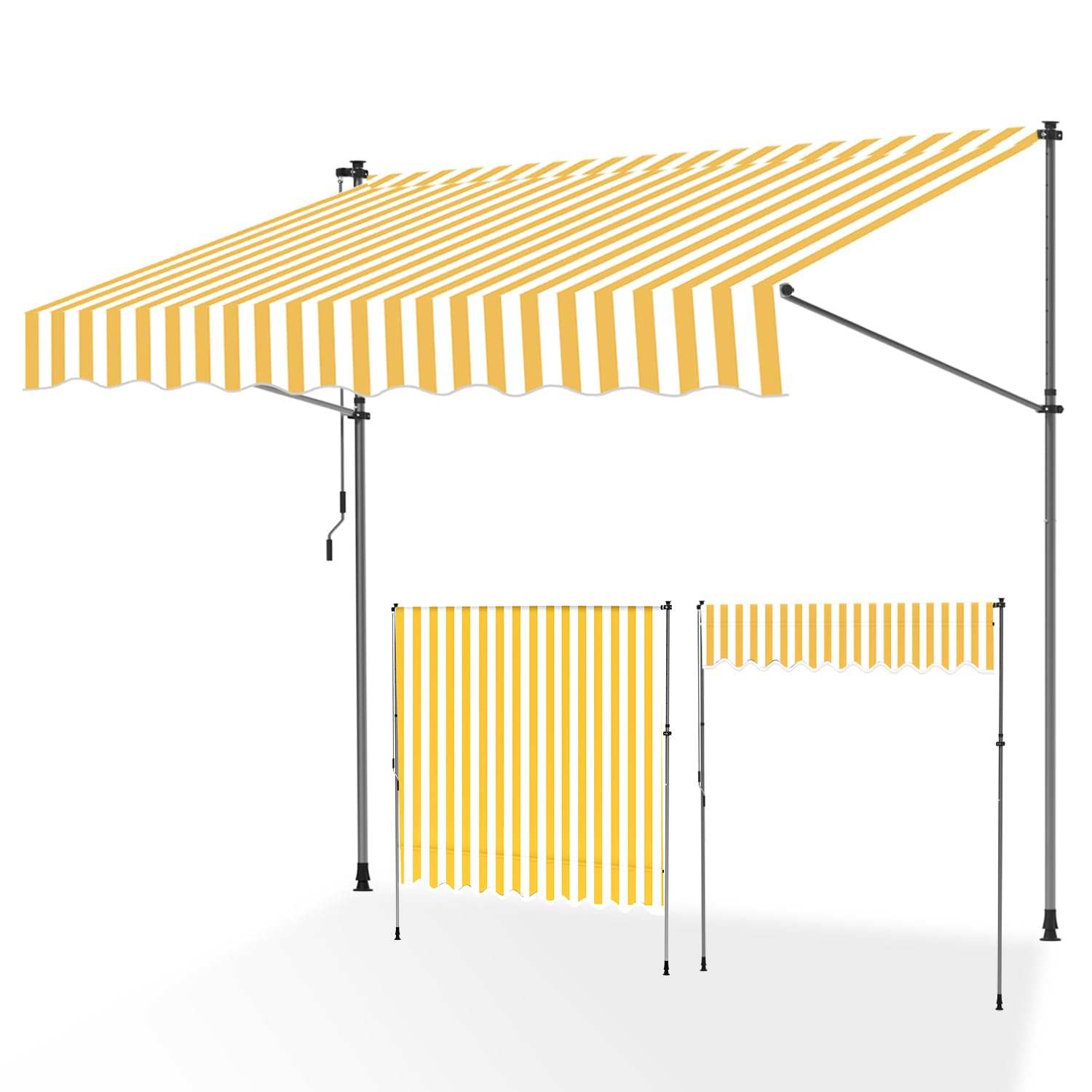 ISOISL Klemmmarkise 300 cm breit, Balkonmarkise mit Handkurbel, UV-beständig, Höhenverstellbar, Sonnenschutz und Wasserdicht Markise Balkon ohne Bohren für Balkon Terrasse Garten(Gelb Weiß)