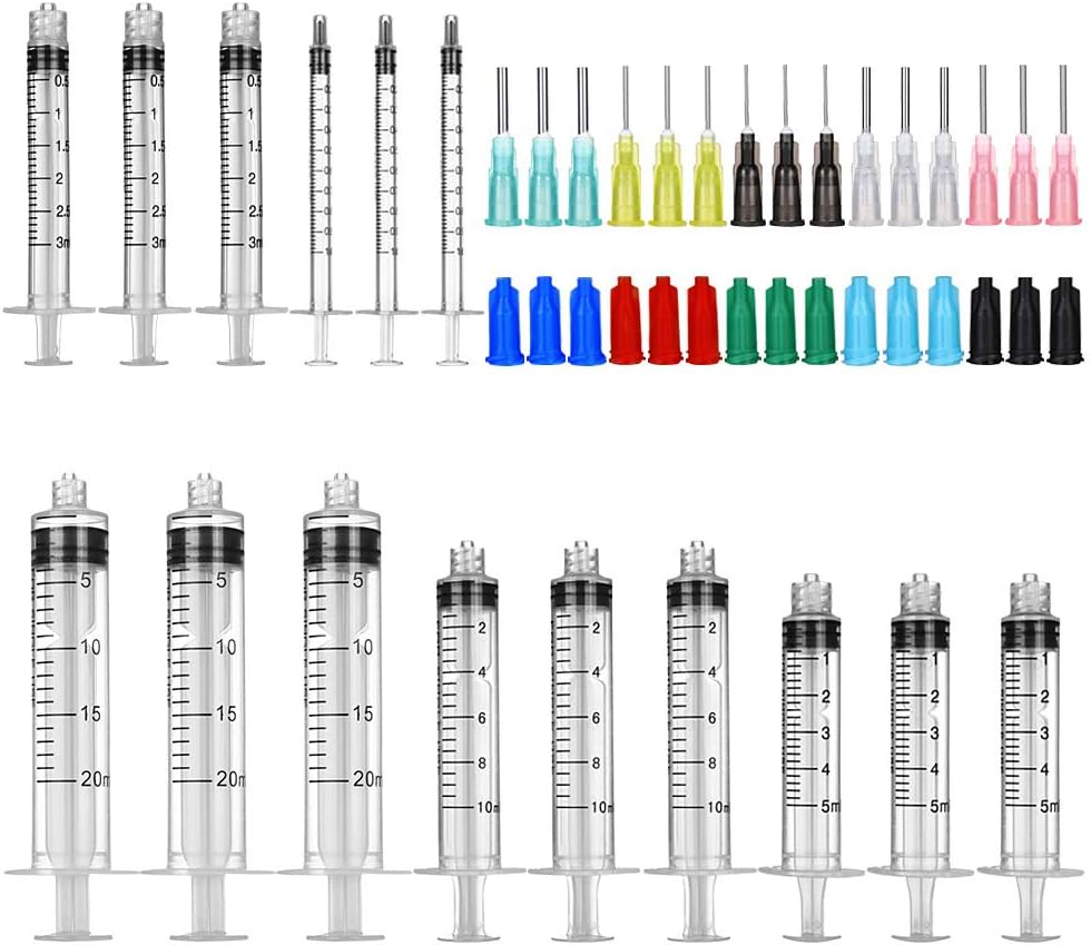 15 Pack-Syringe Blunt Tip Needle and Cap Set, 20, 10, 5, 3, 1ml/cc Syringes, 14, 16, 18, 20, 22ga Blunt Needles, Luer Lock Plastic Glue Applicator, Great for Refilling and Measuring Oil Dispensing