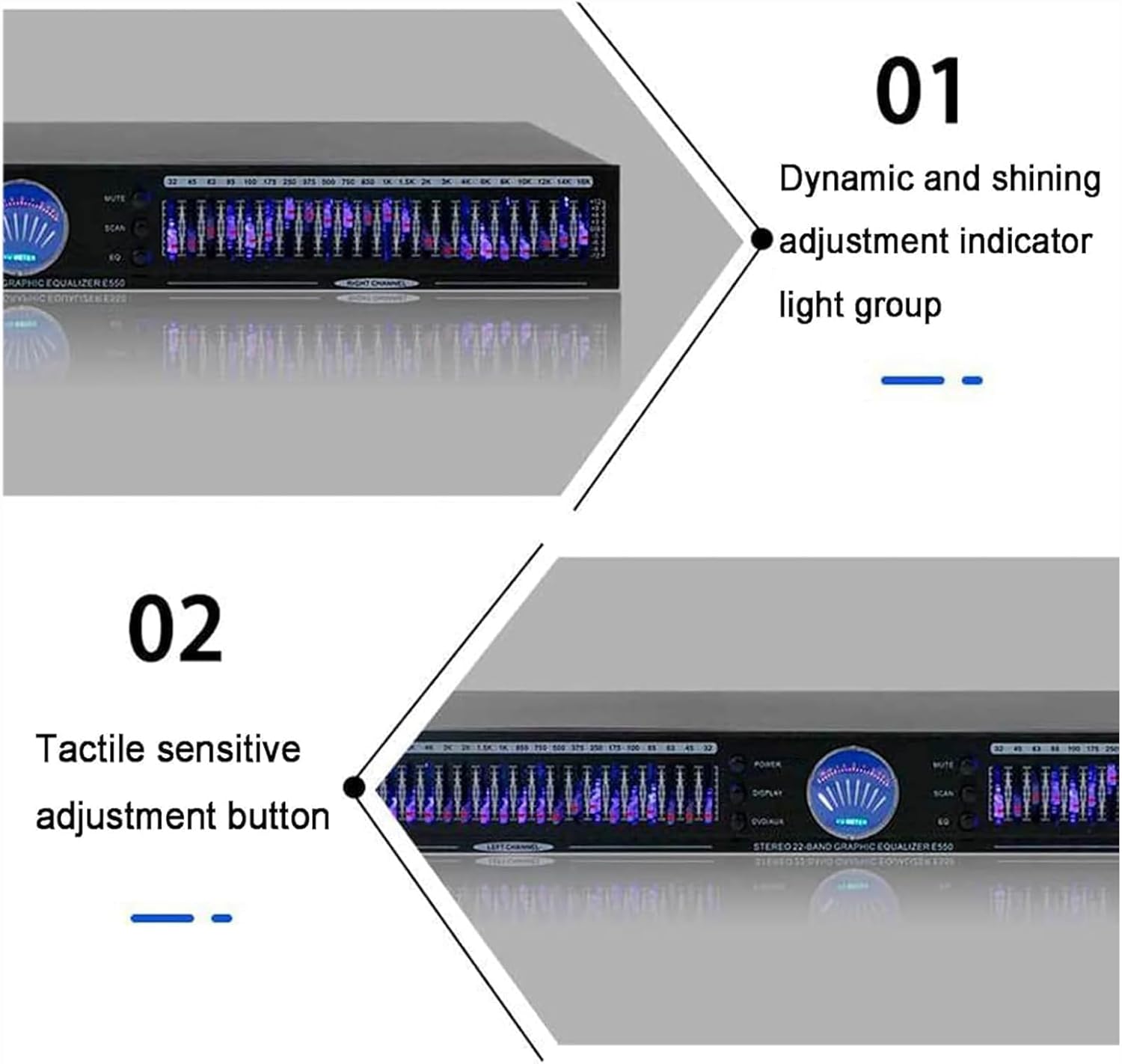 22-band digital audio equalizer, stereo graphic equalizer with 10 preset effects, low/mid/treble adjustment and noise reduction,for studio and home audio adjustment