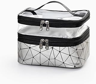 شنط أدوات الزينة للسفر مكياج شفافة مع مقبض مستحضرات تجميل مزدوجة الطبقات للنساء لمستحضرات التجميل وفرش المكياج واكسسوارات السفر فضي رمادي جلد