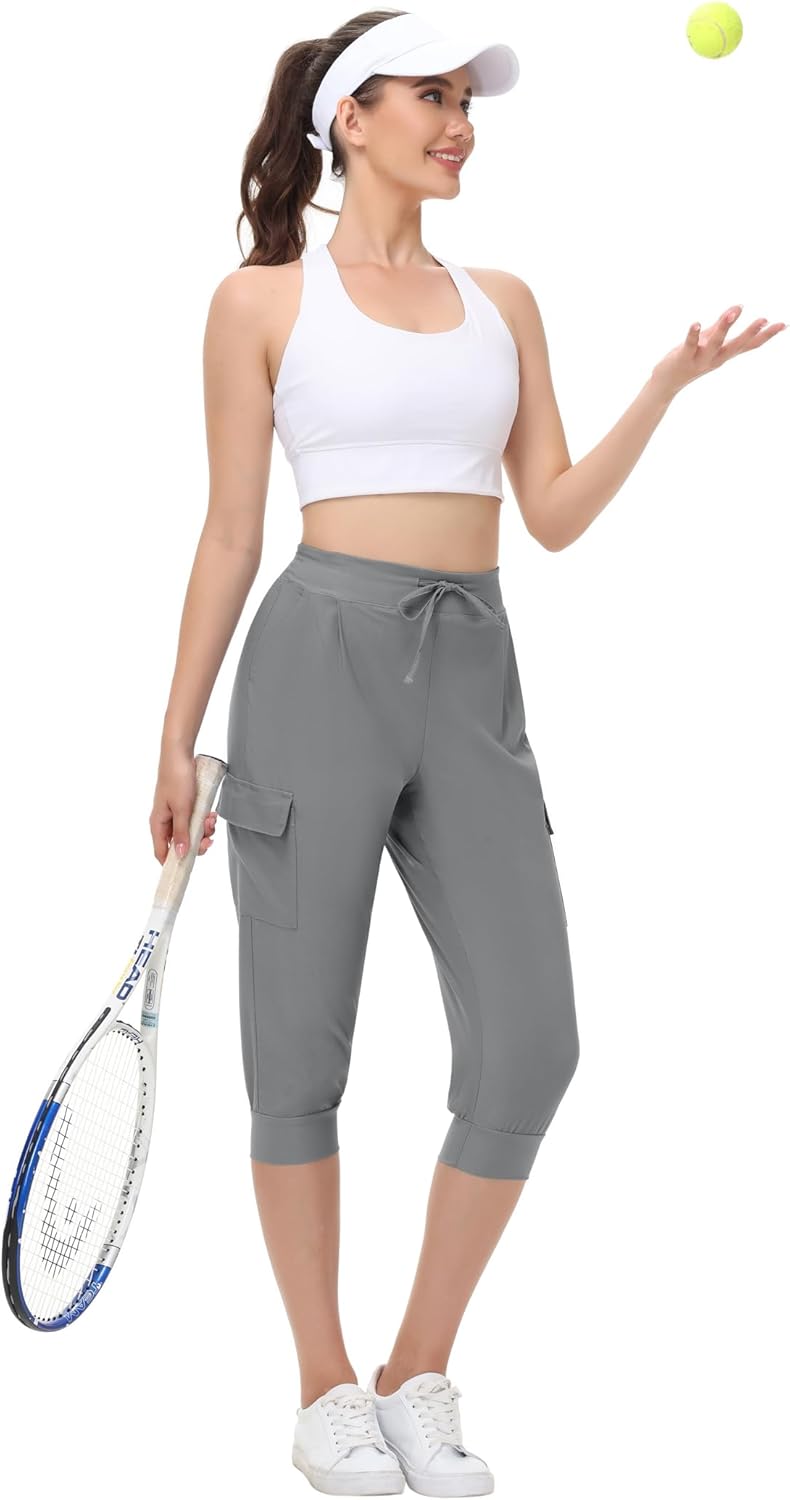 Womens Capri Cargo Joggers Pull on Capris Pants Crop Cropped Golf Pants with Pockets and Drawstring - Image 3