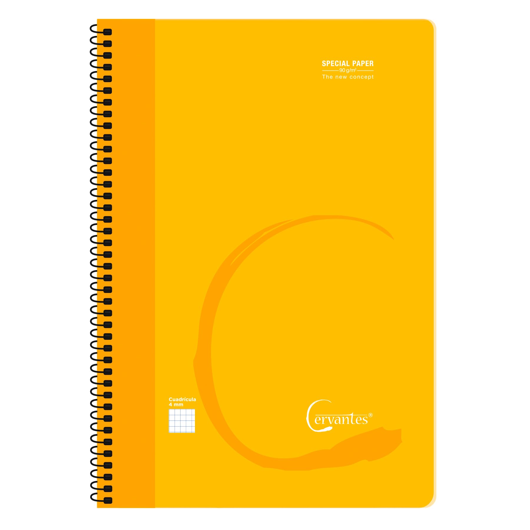 CERVANTES MP, Cuaderno A4, Cuaderno con Cuadrícula 4x4 mm, Cuaderno Tapa Plástico, 80 Hojas, Cuaderno con Espiral, Papel de 90 gr, Tamaño Folio, Medidas: 21,5x31,5 cm, Color Amarillo