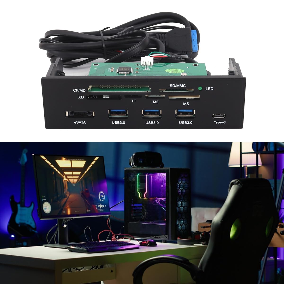 Lecteur de cartes interne en façade, écran multifonction de 5,25 pouces, compatible USB 3.0, USB 3.1, eSATA M2 + SD MS XD CF TF