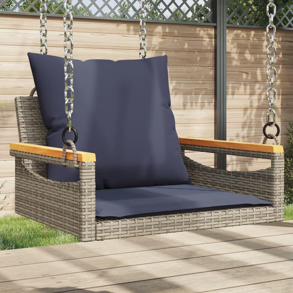 Hamaca colgante con cojín, gris, 63 x 62 x 40 cm, polirratán, resistente a la intemperie, banco balancín para jardín, balcón, terraza, con cómodos cojines y anillos de fijación para
