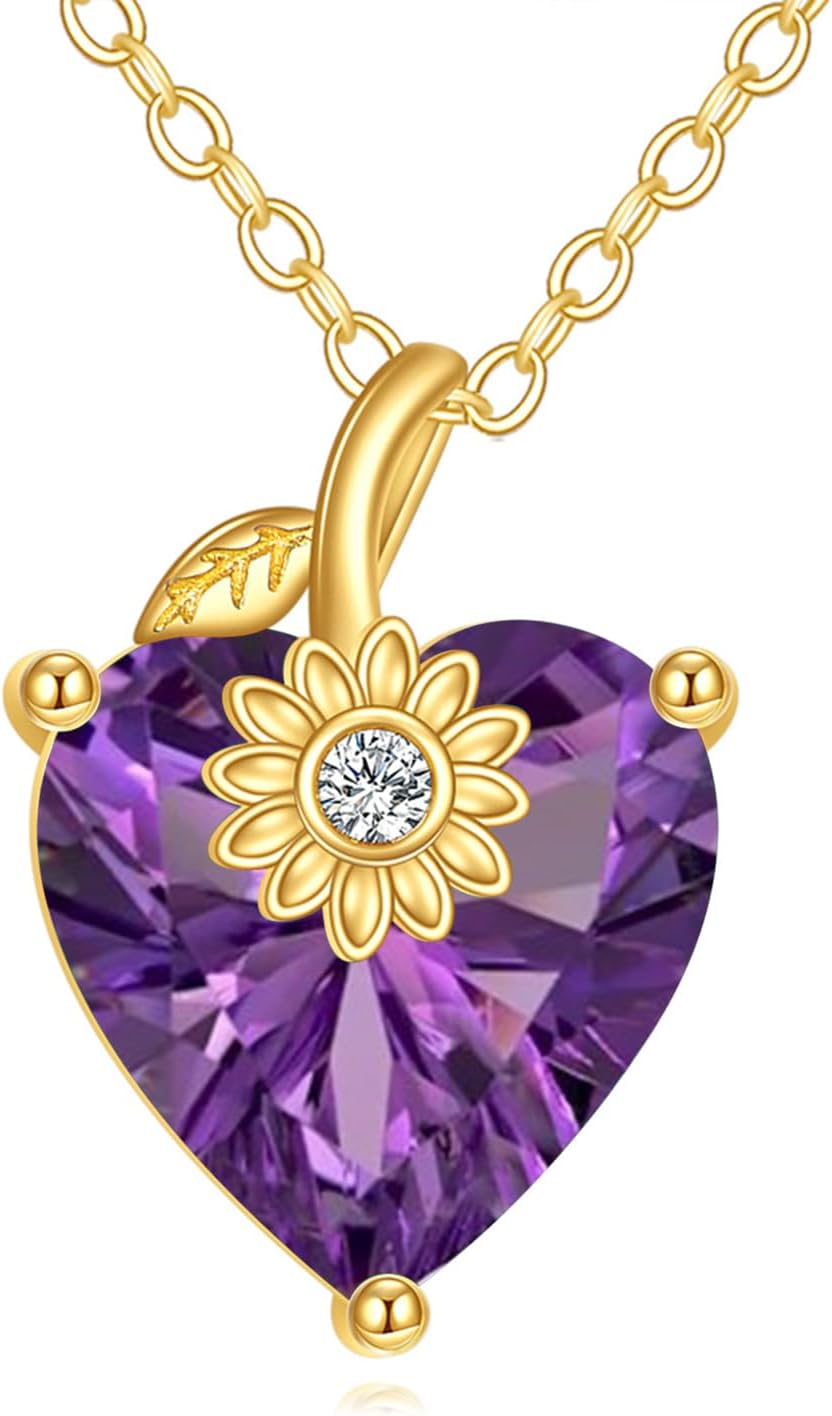 14K Solid Gold Heart Birthstone Necklace 3 Carat Created Gemstone Sunflower Pendant Necklaces Fine Jewelry Gifts for Women, Sterling Silver Chain 18"+2" Extender