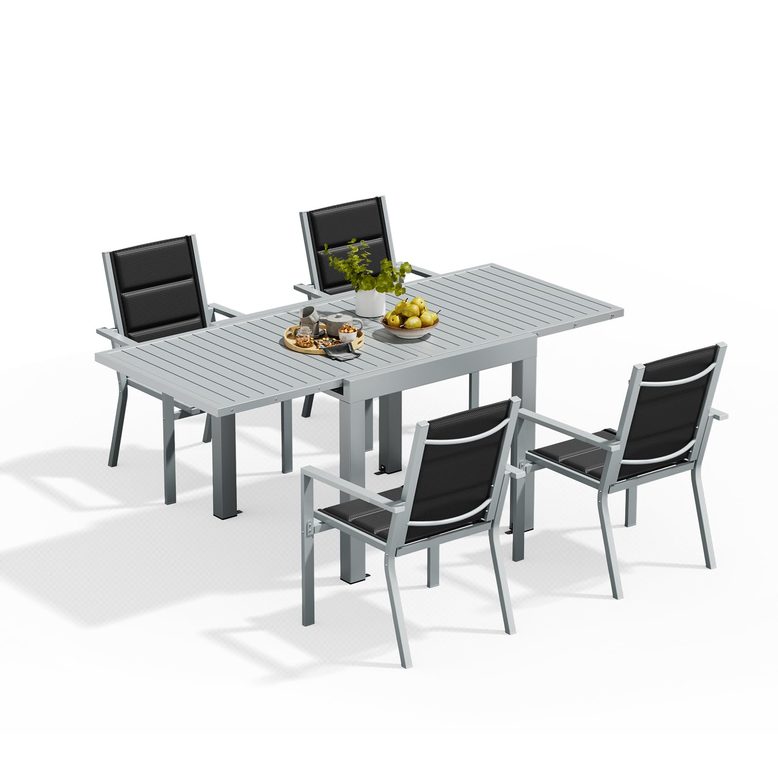 Devoko Conjunto Jardin Exterior 4 Personas, Mesa y Sillas De Comedor De Aluminio 4+1, 4 Sillas Apilables de Aluminio y 1 Mesa Jardin Extensible de Aluminio, Muebles Jardin Exterior, Gris Claro