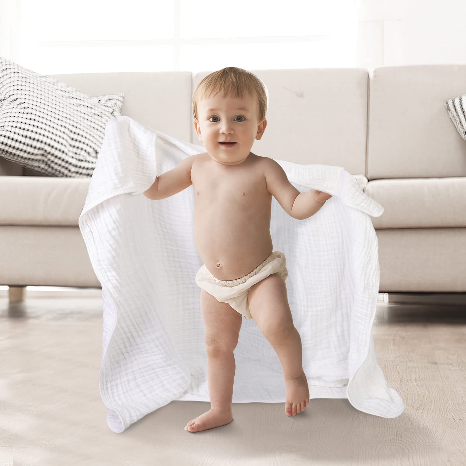 Asciugamani da bagno in mussola per bambini, ultra morbidi e assorbenti, asciugamano in mussola per bambini, 6 strati in cotone naturale, adatto per ragazze 101,6 x 101,6 cm (bianco, rosa e grigio)
