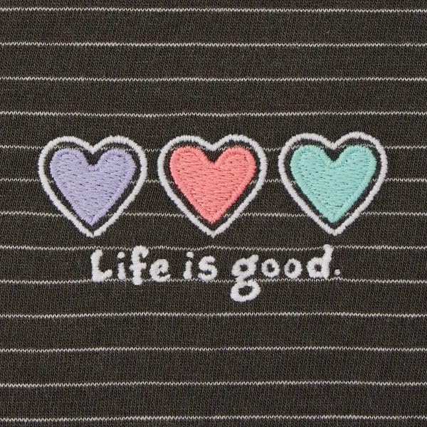 Life is Good Women's 3 Hearts Long Sleeve Striped Crusher-LITE Hooded Tee, True Black