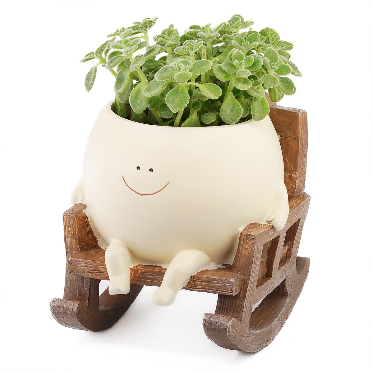 Eusbon Beige Rocking Chair Planter Pot, Smiley Face Flower Pot Resin Planter Pot With Drainage Hole For Indoor Desk Plants Outdoor Plants