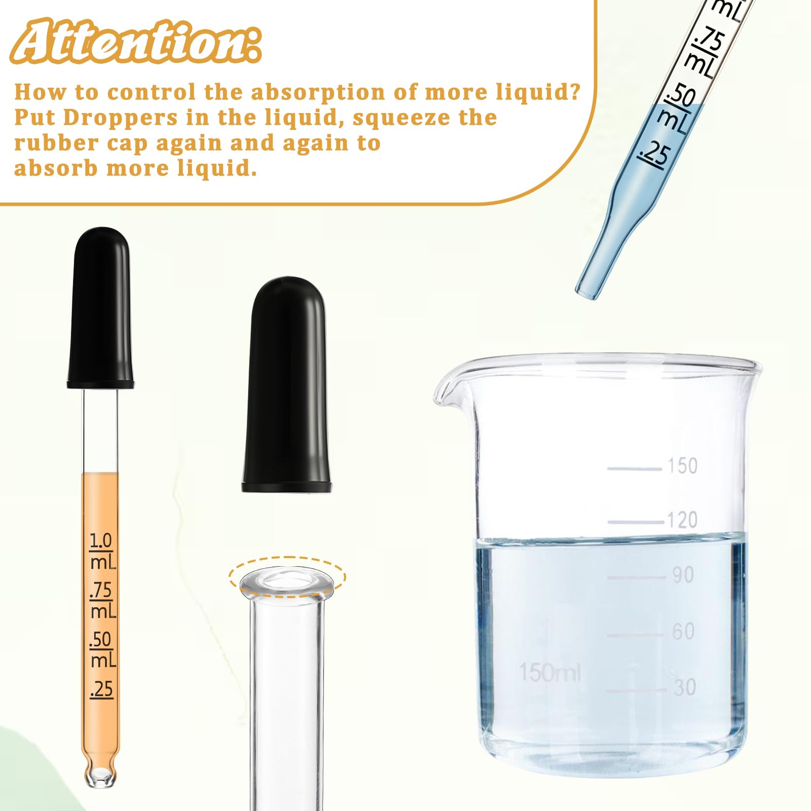 10 stuks glazen pipet, 1 ml, siliconen vloeibare druppelaar, glazen pipet, druppelaar met metingen, pipetdruppelaar met rubberen kop, transparante pipet, voor planten, huisdieren, snoepvormen