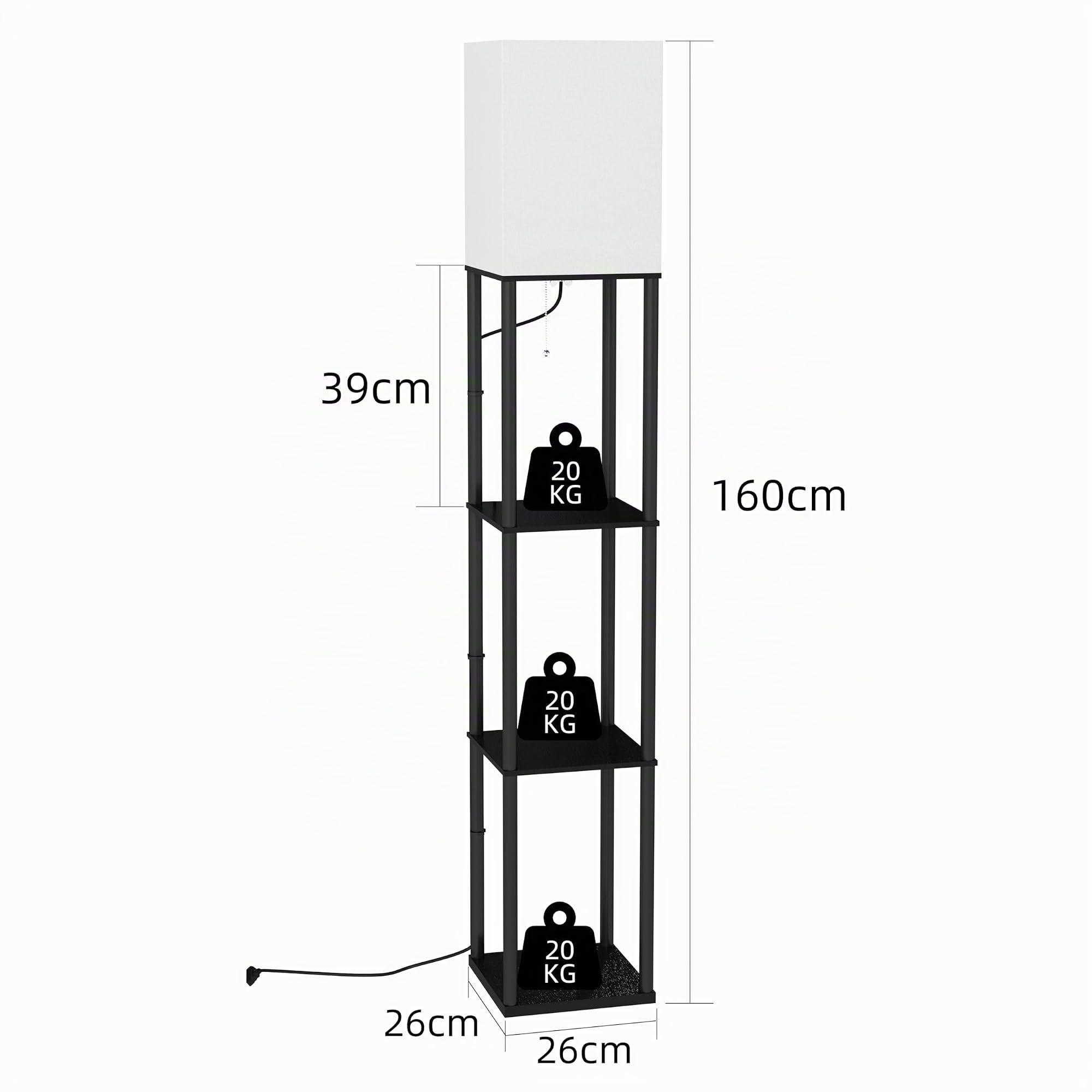 Stehlampe mit Regal aus Holz,2 er set,160 cm hoch Stehleuchte mit E27 Dimmbar 3-Farbtemperatur-LED-Lampe,Standleuchte mit Weiß Lampenschirme,Lampen für Schlafzimmer Wohnzimmer Ecke Flur Büro,Schwarz