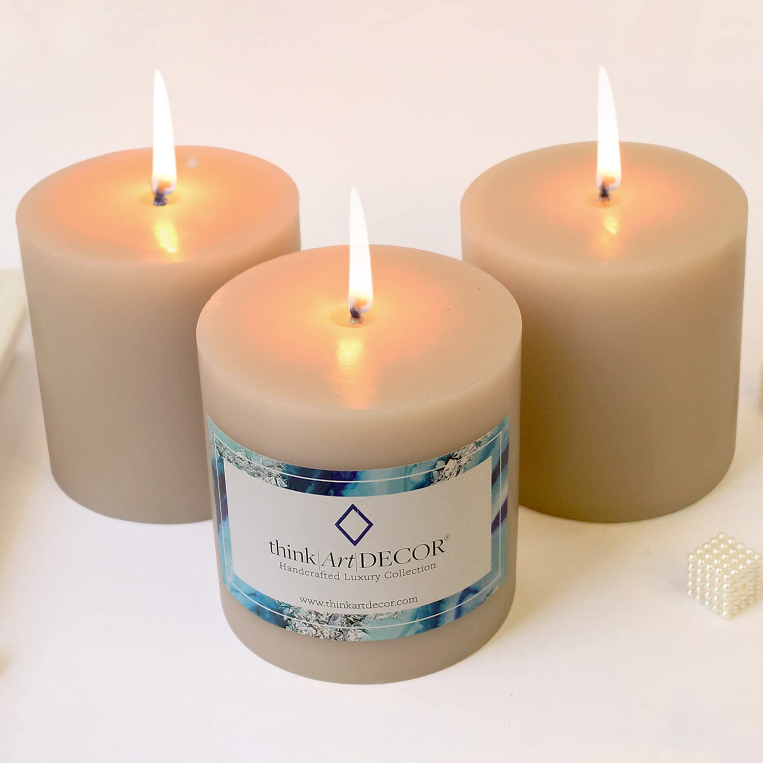 Unscented Pillar Candles Set of 3 | 55 Hrs Each | 3X3 inch Smokeless & Dripless Wax Candles for Home Decor | Ivory