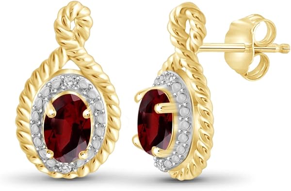 JEWELEXCESS 1.20 CTW Garnet & Accent White Diamonds Earrings in 14K Gold Over Silver