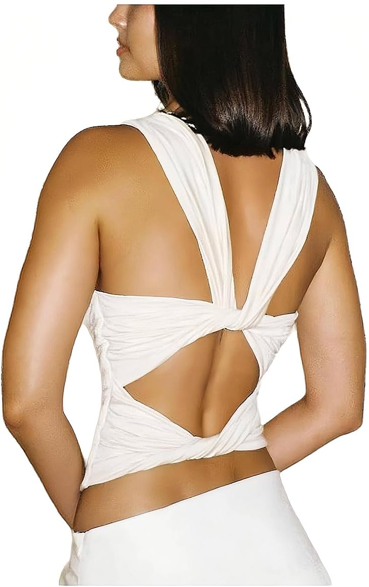 SweatyRocks Women's Sexy Y2K Open Back Top Twist Ties Ruched Crop Tops Club Outfits Going Out Tops