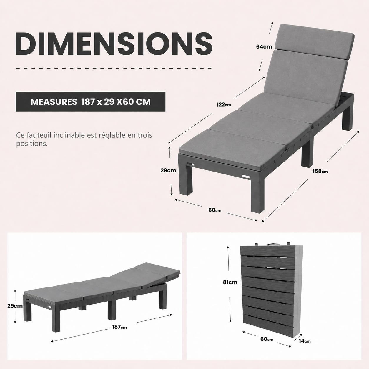 Luxirest Set di 2 sdraio da giardino per esterni, schienale regolabile, con cuscino (grigio)