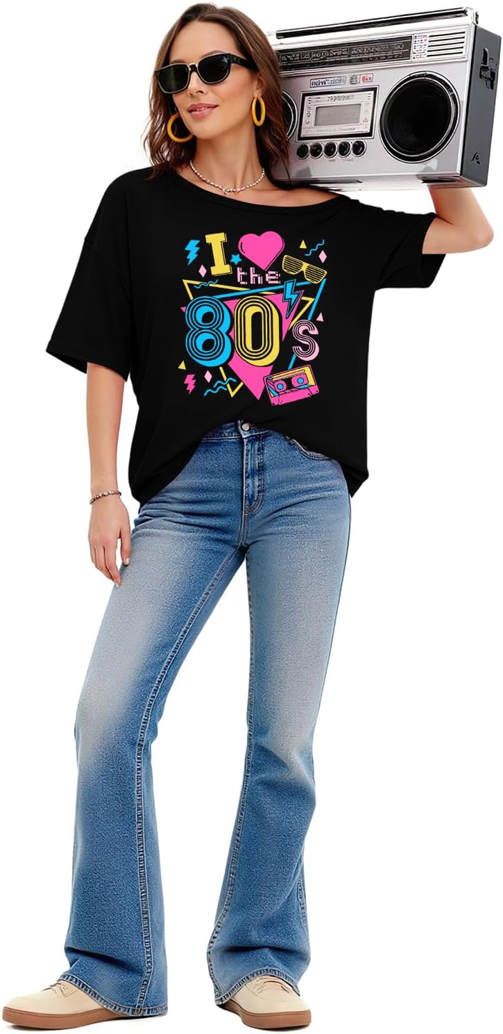 80s Shirts for Women Oversized Retro Off The Shoulder Top Disco 80s 90s Theme Party Outfit - Image 7