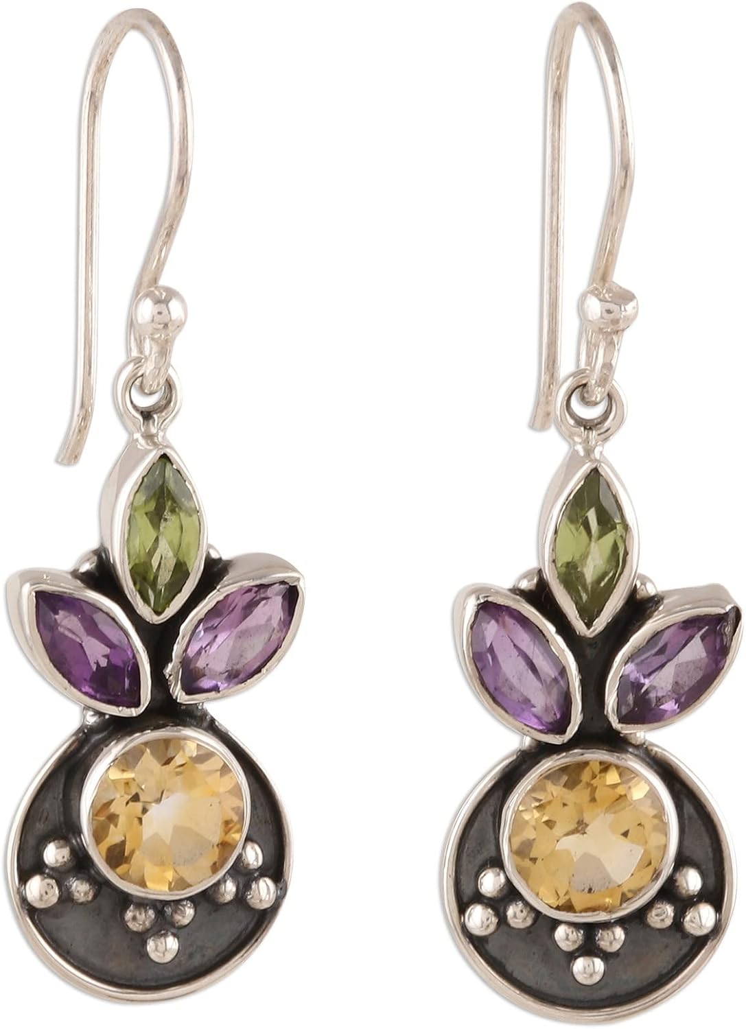 NOVICA Artisan Handmade Multigemstone Dangle Earrings 3carat from India Sterling Silver Citrine Amethyst Peridot Birthstone [1.5 in L x 0.4 in W x 0.1 in D] ' Glittering Melody'