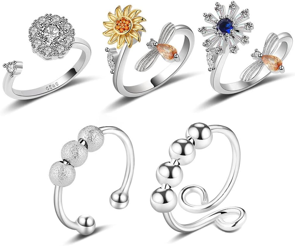E0BF Anello Antiansia Con Perline Anello Mobile Per Corridore Per Alleviare L'ansia Gioielli Anello Preoccupazione - Foto 4