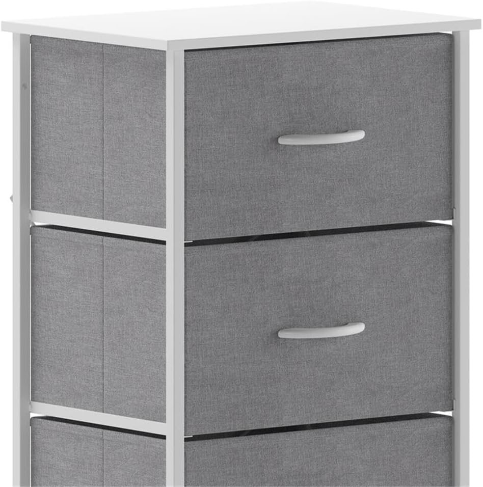 Pemberly Row Contemporary 4 Drawer Dresser, 17.75" W x 12.5" D x 37.25" H, Cast Iron Frame with White Wood Top, Gray Non-Woven Fabric Drawers, Adjustable Floor Glides, Vertical Storage Organizer for